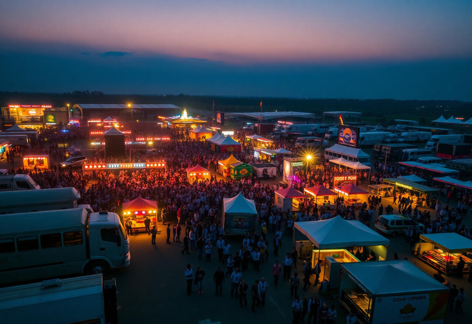 Large-scale international festival operations at dusk